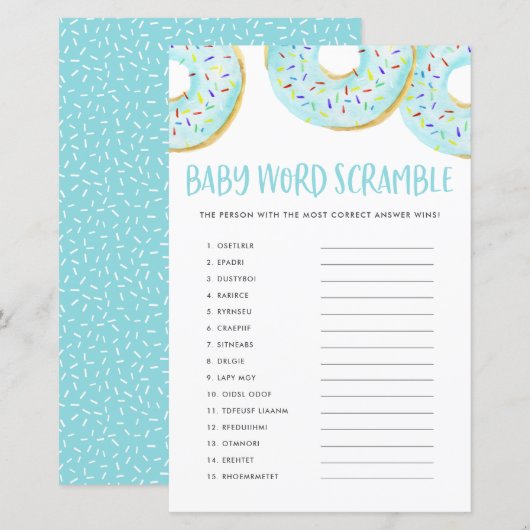 Blue Donuts Baby Word Scramble Baby shower Game (Voorkant / Achterkant)