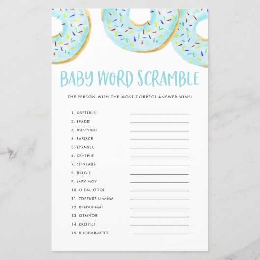 Blue Donuts Baby Word Scramble Baby shower Game (Voorkant)