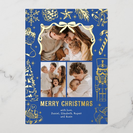 Blue Doodle 3 Photo Christmas Gold Folie Feestdagenkaart (Voorkant)