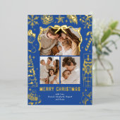 Blue Doodle 3 Photo Christmas Gold Folie Feestdagenkaart (Staand Voorkant)