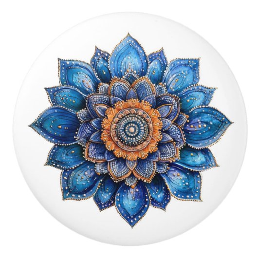 Blue Doodle 3D Mandala Keramische Knop (Voorkant)