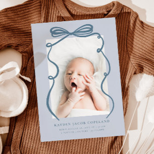Blue Doodle Bow Lijst Geboorteaankondiging Foto Aankondiging