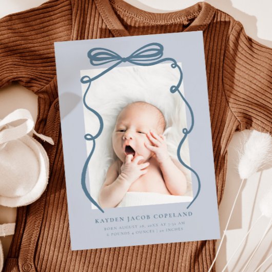 Blue Doodle Bow Lijst Geboorteaankondiging Foto Aankondiging