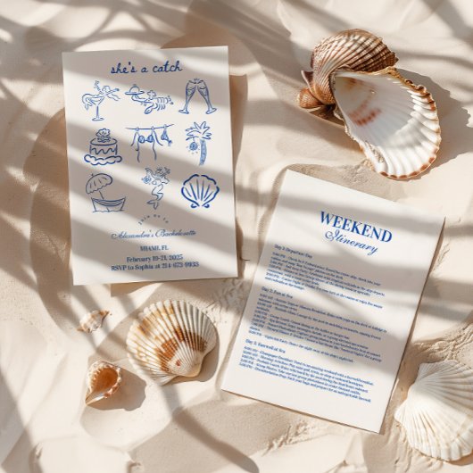 Blue Doodle Tropical She's a Catch Bachelorette Kaart