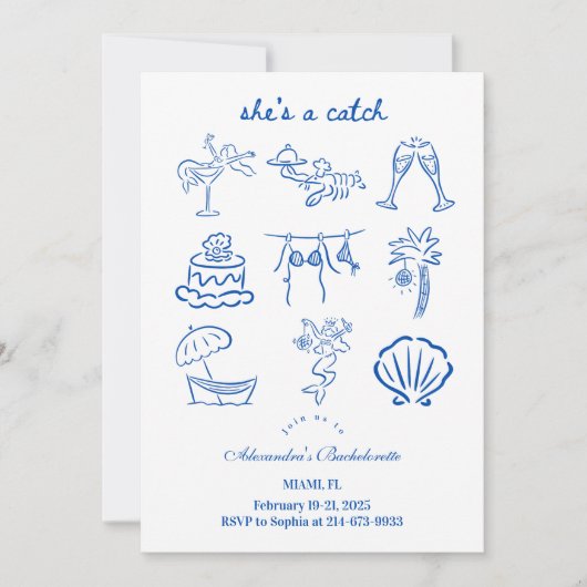 Blue Doodle Tropical She's a Catch Bachelorette  Kaart (Voorkant)