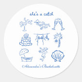 Blue Doodle Tropical She's a Catch Bachelorette  Ronde Sticker (Voorkant)