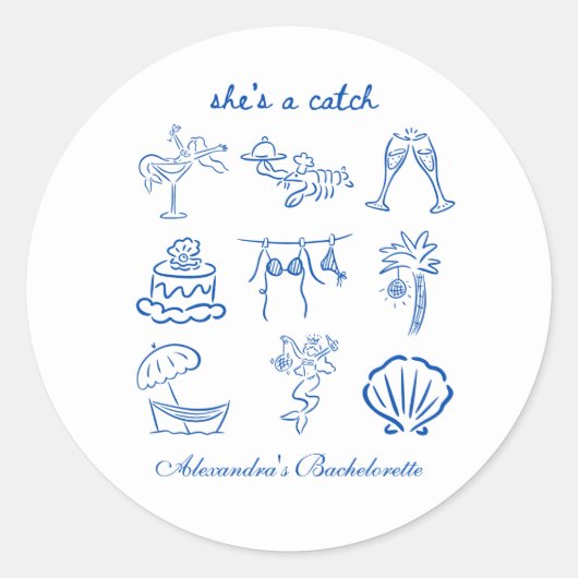 Blue Doodle Tropical She's a Catch Bachelorette  Ronde Sticker (Voorkant)