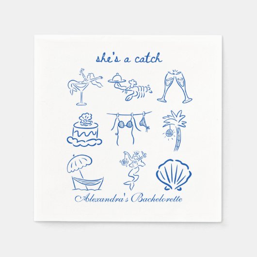 Blue Doodle Tropical She's a Catch Bachelorette  Servet (Voorkant)