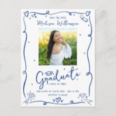Blue Doodles Graduation Save the Date Photo White Uitnodiging Briefkaart (Voorkant)