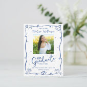 Blue Doodles Graduation Save the Date Photo White Uitnodiging Briefkaart (Staand voorkant)