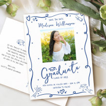 Blue Doodles Graduation Save the Date Photo White