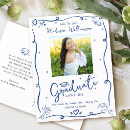 Blue Doodles Graduation Save the Date Photo White Uitnodiging Briefkaart