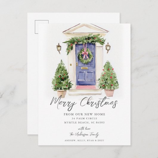 Blue Door Rustic Christmas New Home Card Aankondigingskaart (Voorkant / Achterkant)