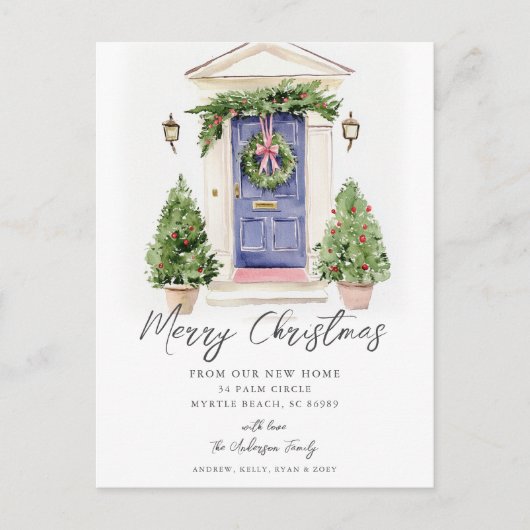 Blue Door Rustic Christmas New Home Card Aankondigingskaart (Voorkant)