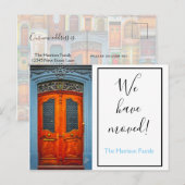 Blue Door We hebben Chic Modern Script verplaatst Aankondigingskaart (Voorkant / Achterkant)