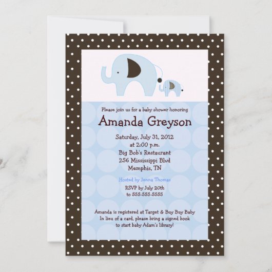 Blue Dottie Elephant 5x7 Baby shower Uitnodiging (Voorkant)