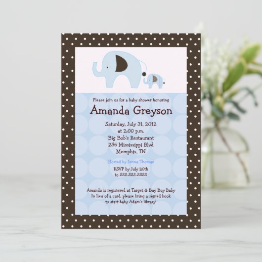 Blue Dottie Elephant 5x7 Baby shower Uitnodiging (Staand voorkant)