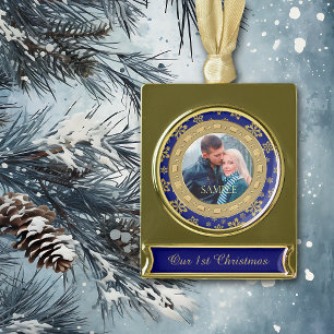 Blue Double Lijst Snowflake First Kerstmis Verguld Banner Ornament