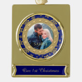 Blue Double Lijst Snowflake First Kerstmis Verguld Banner Ornament (Voorkant)