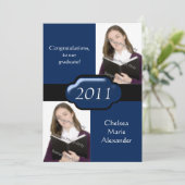Blue Double Photo Graduation Party Invitation Kaart (Staand voorkant)