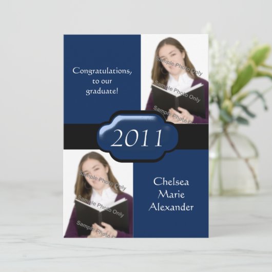 Blue Double Photo Graduation Party Invitation Kaart (Staand voorkant)