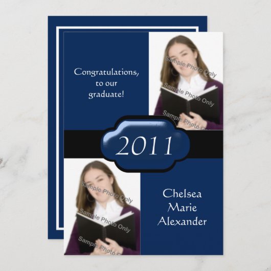 Blue Double Photo Graduation Party Invitation Kaart (Voorkant / Achterkant)