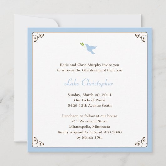 Blue Dove Baptism/Christening Invitation Kaart (Voorkant)