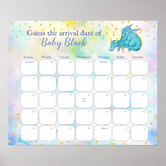 Blue Dragon Baby shower Due Date Calendar Poster (Voorkant)