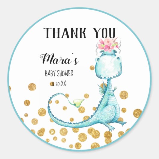 *~* Blue Dragon Glitter Baby Girl Shower Bedankt Ronde Sticker (Voorkant)