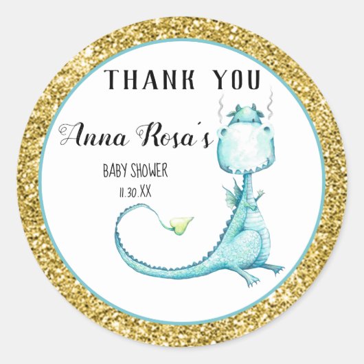 *~* Blue Dragon Glitter Baby shower Dank u Ronde Sticker (Voorkant)