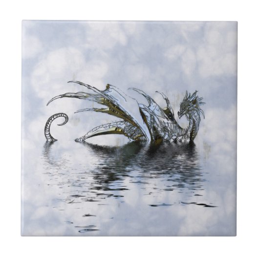 Blue Dragon Illustratie met wolken en water Tegeltje (Voorkant)