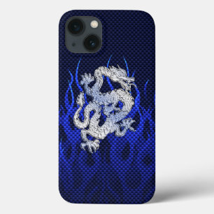 Blue Dragon in Chrome Carbon-achtige vlammen iPhone 13 Hoesje