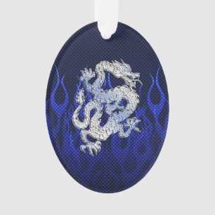 Blue Dragon in Chrome Carbon racing vlammen Ornament