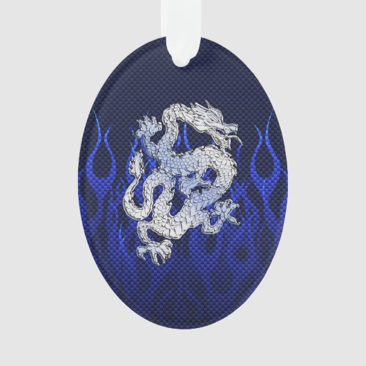 Blue Dragon in Chrome Carbon racing vlammen Ornament (voorkant)