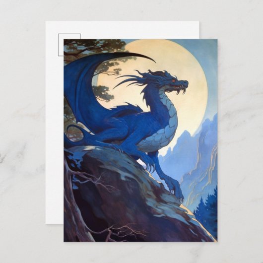 Blue Dragon Night Full Moon Fantasy Art Briefkaart (Voorkant / Achterkant)
