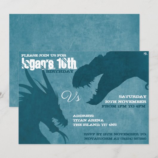 Blue Dragon vs T-Rex Silhouette Uitnodigingen (Voorkant / Achterkant)