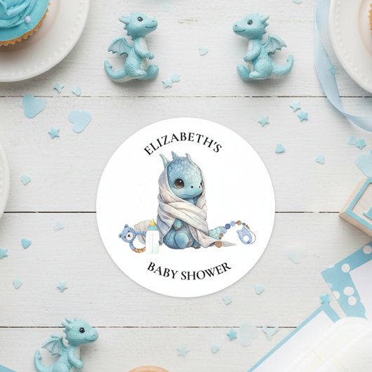 Blue Dragon Waterverf Baby shower Ronde Sticker