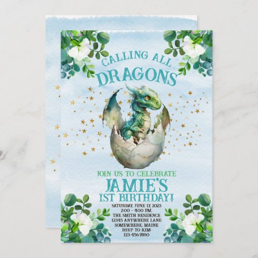 Blue Dragon Waterverf Verjaardagsuitnodigingen Kaart (Voorkant / Achterkant)