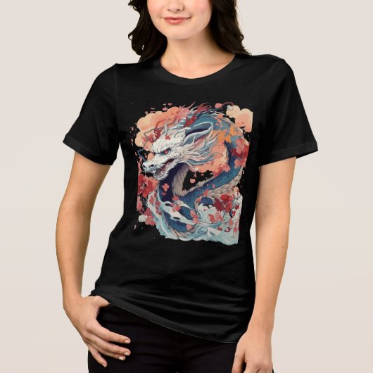 Blue Dragon with Blossoms and Clouds Tri-Blend Shirt (Voorkant)