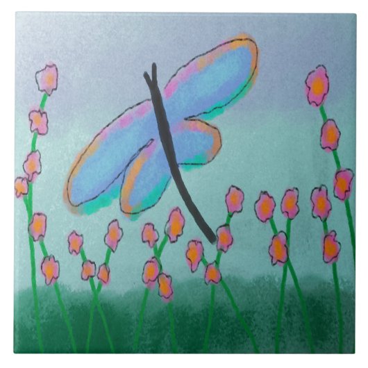 Blue Dragonfly Abstract digitaal schilderij Tegeltje (Voorkant)