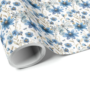 Blue Dragonfly and Flowers Floral Gift Wrap Cadeaupapier