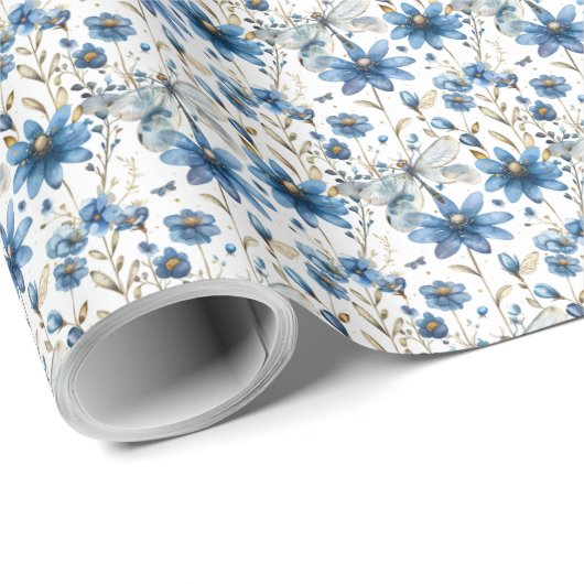 Blue Dragonfly and Flowers Floral Gift Wrap Cadeaupapier (Rol Hoek)