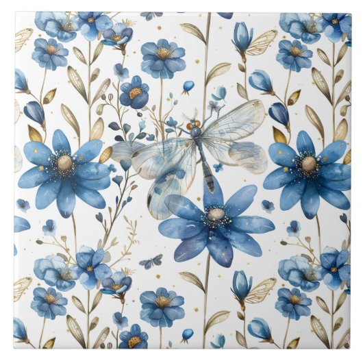 Blue Dragonfly and Flowers Floral Keramische Tegel Tegeltje (Voorkant)
