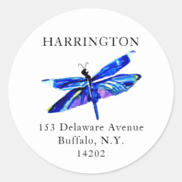 Blue Dragonfly Artistic Waterverf Retouradres Ronde Sticker