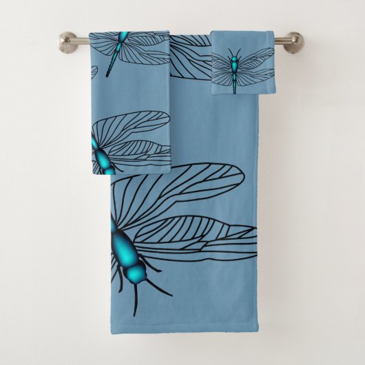 Blue Dragonfly Bathroon Towel Set Bad Handdoek (Insitu)