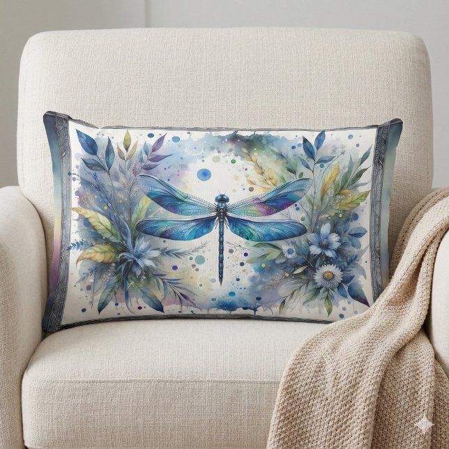 Blue Dragonfly Botanical Watercolor Kussen (Blue Dragonfly Botanical Watercolor Lumbar Pillow Mockup A)
