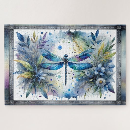 Blue Dragonfly Botanical Watercolor Legpuzzel (Horizontaal)
