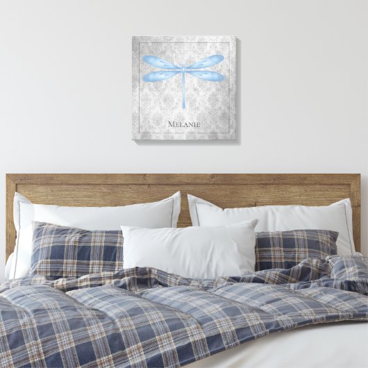 Blue Dragonfly Damask Canvas Afdruk (Insitu (Slaapkamer))