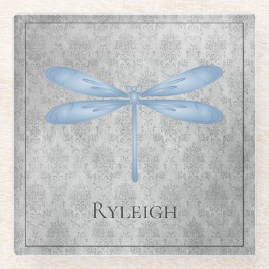Blue Dragonfly Damask Glazen Onderzetter (Voorkant)