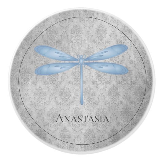 Blue Dragonfly Damask Keramische Knop (Voorkant)
